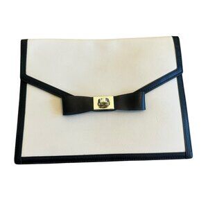 Kate Spade Cream Black Clutch Handbag Wallet w/ Bow Foldover Large Leather Bag